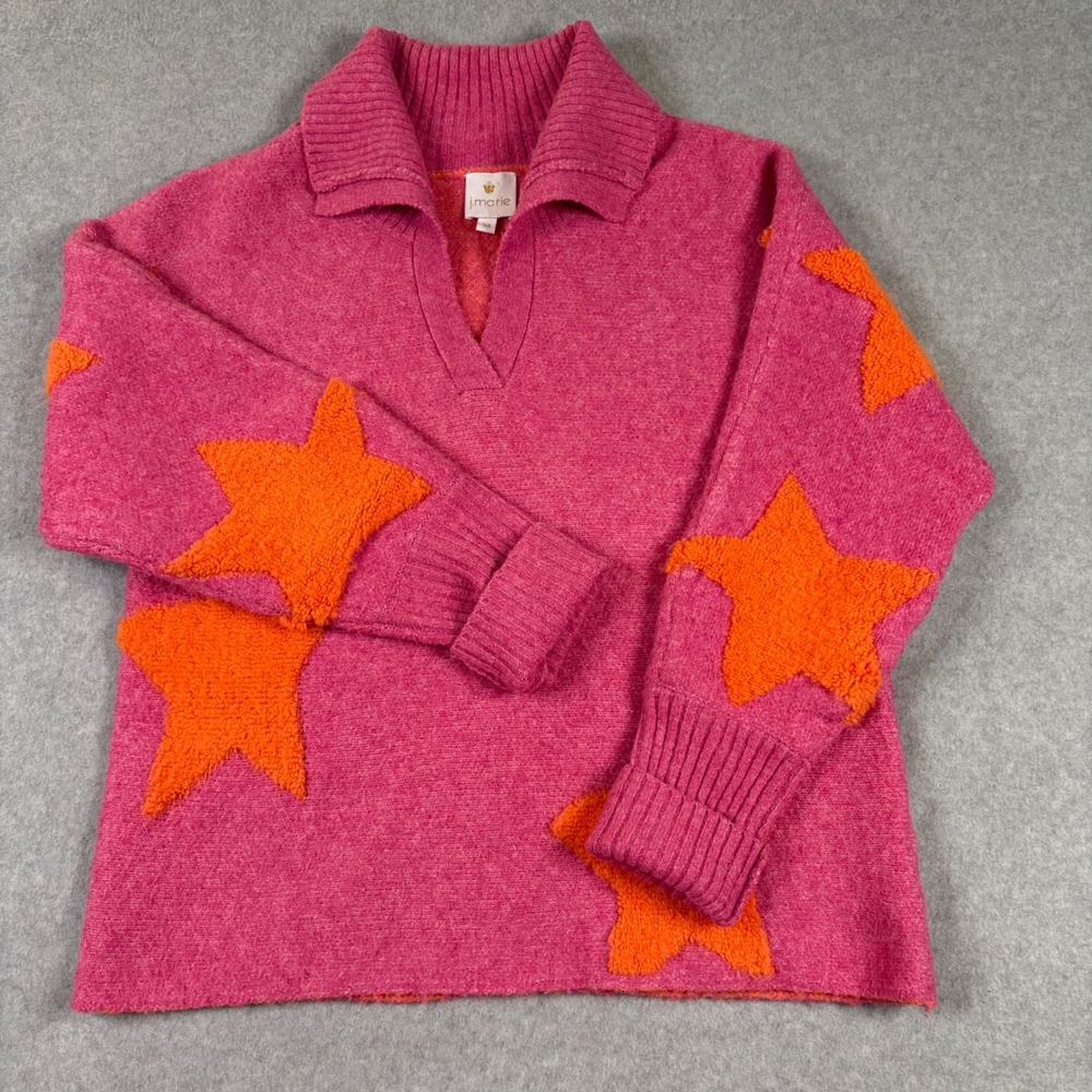 J. Marie Pink Orange Star Knit Sweater Split Neck XS JM3388 Preppy Star Pullover